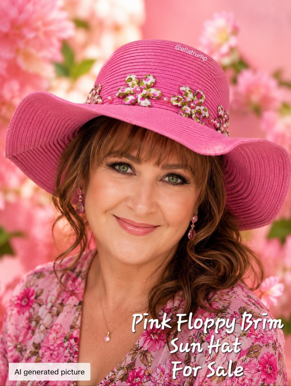 Magid Pink Floppy Brim Sun Hat with Floral Decor One size